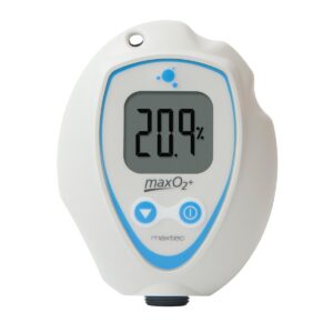 Maxtec MaxO2+ oxygen analyzer with digital display reading 20.9 percent and blue interface buttons.