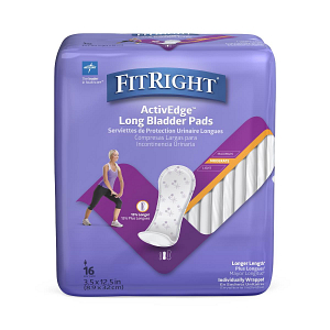 Purple package of FitRight ActivEdge long bladder pads for moderate incontinence protection with 16 individually wrapped pads.