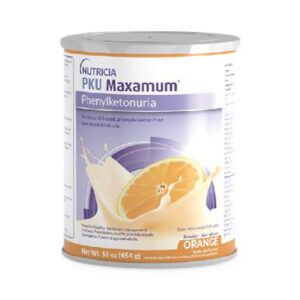 Nutricia PKU Maxamum Orange flavor, phenylalanine-free amino acid medical food powder, 16 oz canister.