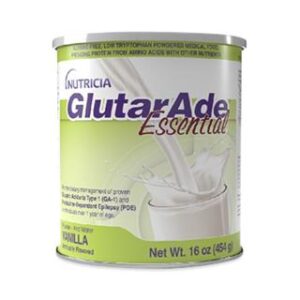 Nutricia GlutarAde Essential Vanilla powder, lysine-free medical food for GA-1 and PDE, 16 oz canister.