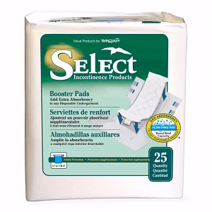 White Select Booster Pads package for incontinence, featuring 25 extra-absorbency flow-thru pads for added protection.